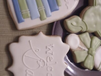 baby shower a new chapter themed decorated cookies